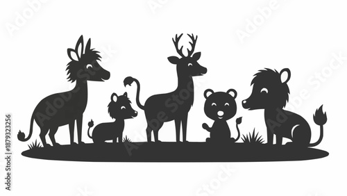 Cute cartoon animal silhouettes standing together in a line.