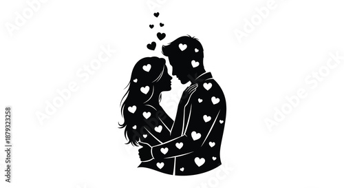 A tender moment shared between a couple hearts floating around them depicted as a striking silhouette