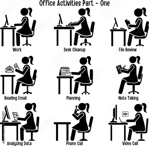 Business Woman Working at Desk Character Pictogram Collection