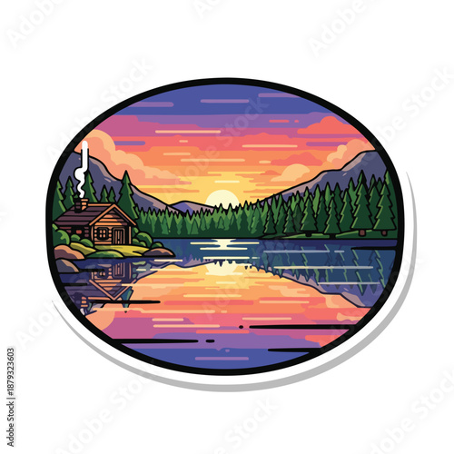 A serene lake scene at sunset with a cozy cabin