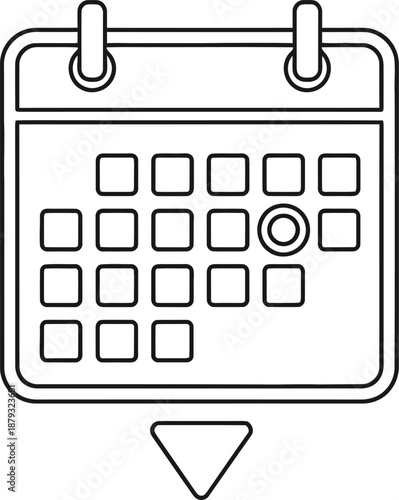 A simple line drawing of a calendar with a downward pointing triangle