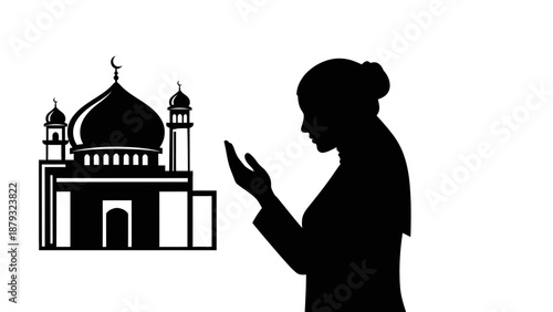 Woman in silhouette praying towards mosque.