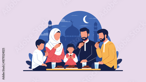 Ramadan family meal, breaking fast together, mosque crescent moon background, cultural celebration layout, flat vector illustration