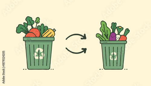 Flat vector illustration comparing food waste and compost, with spoiled food in trash and organic scraps in a compost bin. Sustainability, recycling, zero waste and environmental education concept
