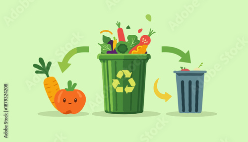 Flat vector illustration comparing food waste and compost, with spoiled food in trash and organic scraps in a compost bin. Sustainability, recycling, zero waste and environmental education concept