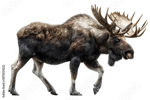 Extreme side view full body shot of a perfect looking moose isolated on a white transparent background