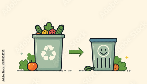 Flat vector illustration comparing food waste and compost, with spoiled food in trash and organic scraps in a compost bin. Sustainability, recycling, zero waste and environmental education concept