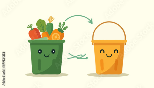 Flat vector illustration comparing food waste and compost, with spoiled food in trash and organic scraps in a compost bin. Sustainability, recycling, zero waste and environmental education concept