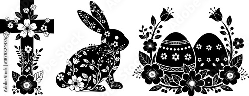 Happy easter sunday greeting with cross easter bunny and decorated eggs
