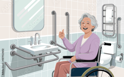 Elderly woman in wheelchair giving thumbs up in accessible restroom with safety features and modern fixtures