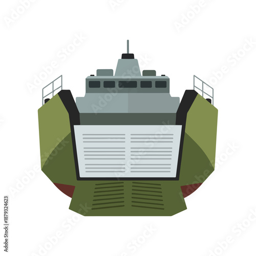 Military vessel bow view with grey superstructure and green hull