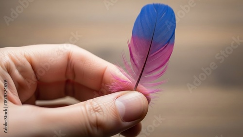 Hand holding a vibrant pink and blue feather delicately.