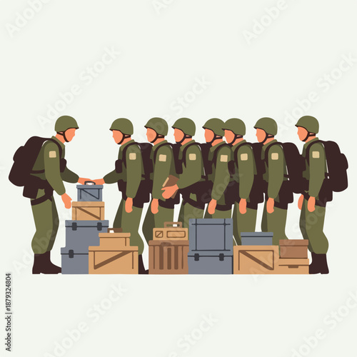 Soldiers in green uniform handing over boxes and supplies