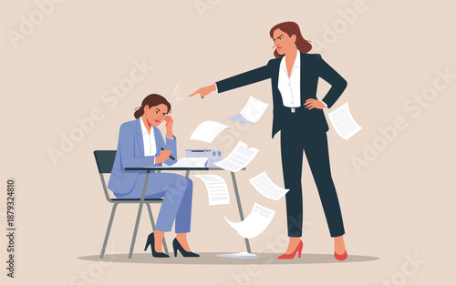 A businesswoman scolding her colleague beside a messy desk with scattered papers in an office environment from a slightly elevated viewpoint