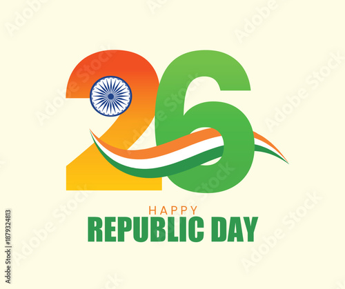 Happy Republic Day India Celebration with Flag and Stylized 26, Republic Day India – Stylized 26 with Tricolor Ribbon and Ashoka Chakra, republic day, india, 26 january, ashoka chakra, tricolor