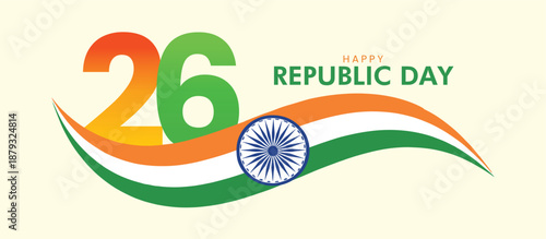Happy Republic Day India Celebration with Flag and Stylized 26, Republic Day India – Stylized 26 with Tricolor Ribbon and Ashoka Chakra, republic day, india, 26 january, ashoka chakra, tricolor