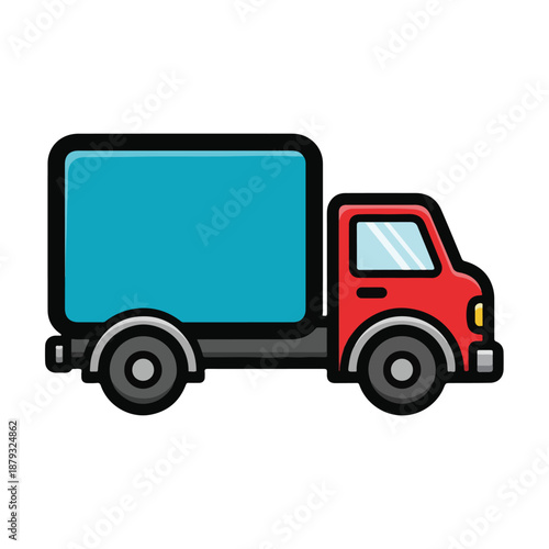 A simple cartoon truck with red cab and blue box