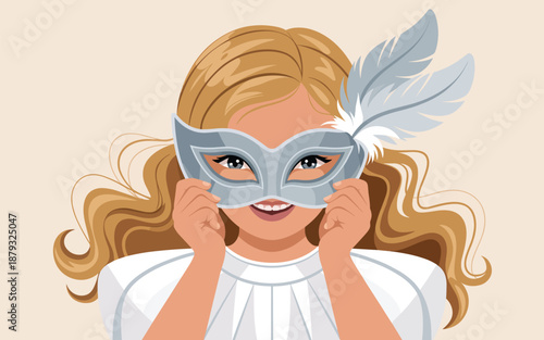 A young girl holding a silver mask up to her face with a feather attached, smiling playfully, digital illustration, soft focus, close-up