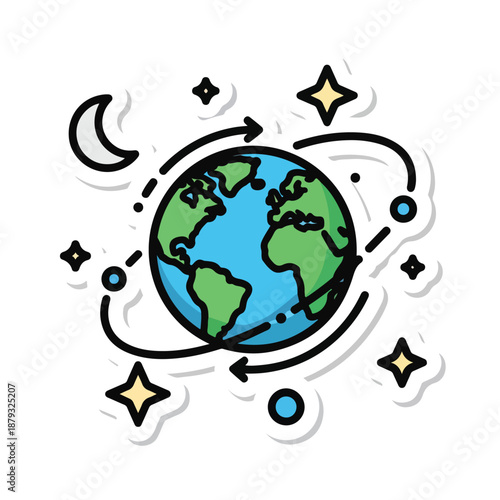 A simple illustration of the Earth surrounded by celestial bodies