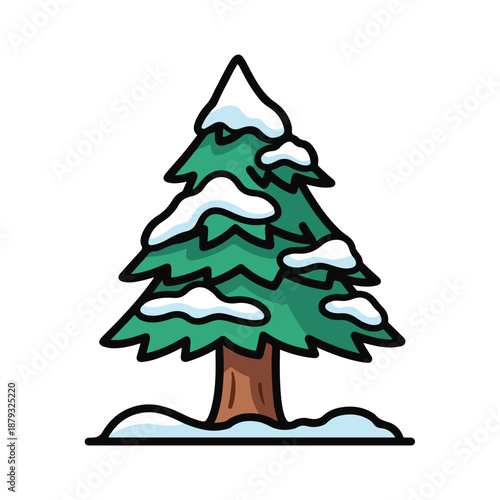 A snow-covered pine tree with a brown trunk