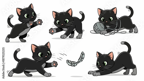 Cute cartoon black kittens playing and having fun.