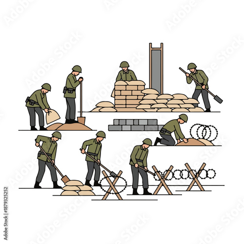 Soldiers engaged in various construction and engineering tasks