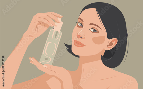 Woman holding skincare product container in her hand, examining it closely with a gentle touch and serene expression