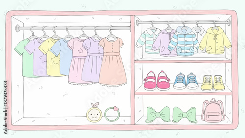 Cute cartoon wardrobe filled with childrens clothes and shoes.