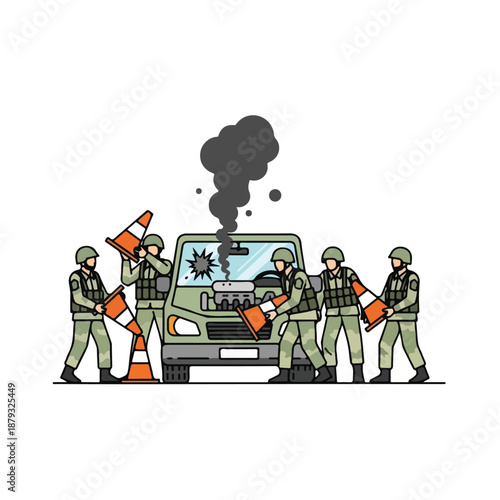 Military personnel securing a scene with traffic cones around a broken down vehicle