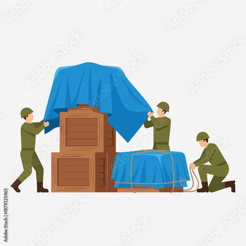 Soldiers in green uniforms moving furniture with blue covers