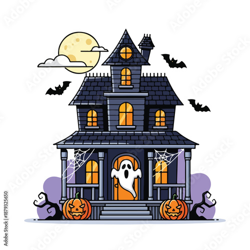 A spooky haunted house with jack-o-lanterns and a ghost