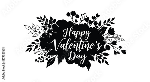 A delicate black floral arrangement with calligraphy reading happy valentine s day a stunning silhouette