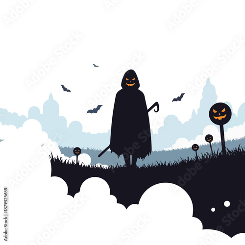 A spooky figure in a black robe stands on a grassy hill