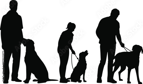 Dog Training and Walking Silhouette Illustration Set Featuring Owners Interacting with Dogs, Obedience Practice, Leash Handling and Everyday Pet Care Scene Vector