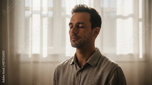 Man standing in front of a window with sheer curtains.