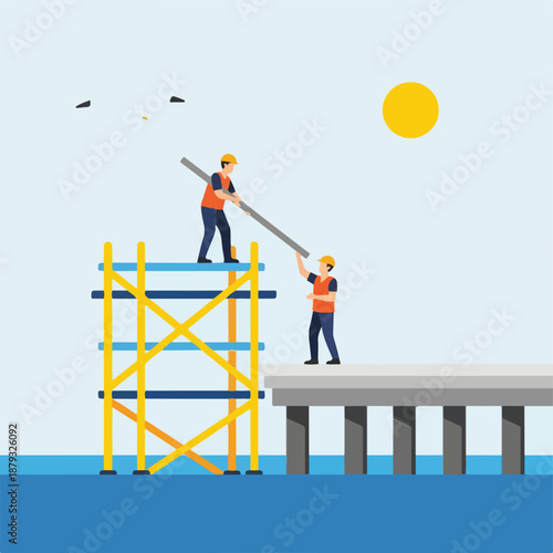 Construction workers on scaffolding building bridge structure