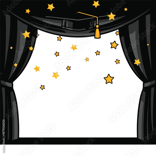A stage with open black curtains and gold stars