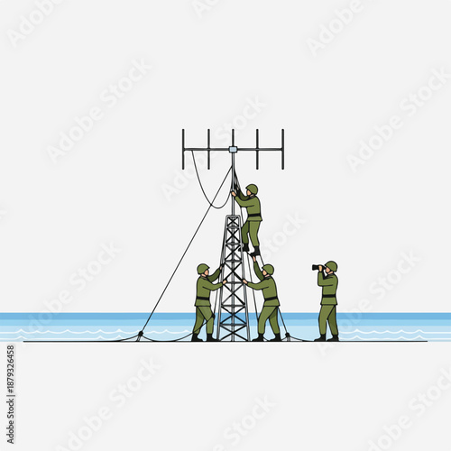 Military personnel installing communication antenna on tower