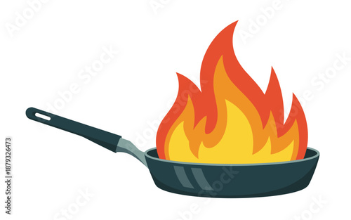 A sizzling hot frying pan engulfed in flames, viewed from a slight angle on a kitchen counter.