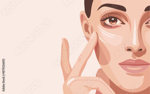 A woman's face is illustrated with a hand touching her cheek, showcasing skincare routine, beauty, and wellness in a close-up, digital art style