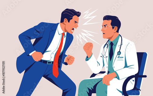 An angry businessman arguing with a calm doctor in a clinical setting from a dynamic viewpoint