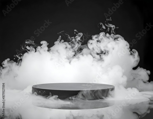 Round platform enveloped by swirling smoke against a black backdrop