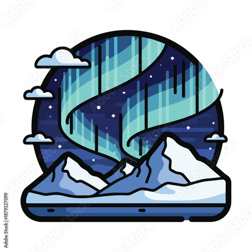 A stylized graphic of a mobile phone displaying a mountainous landscape