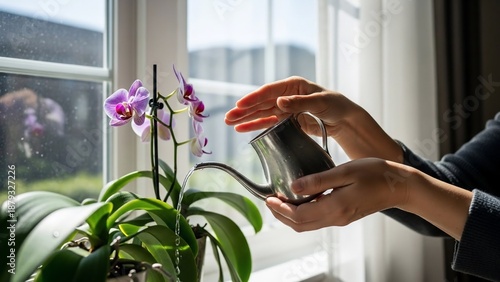 Person watering an orchid plant near a window with natural light.