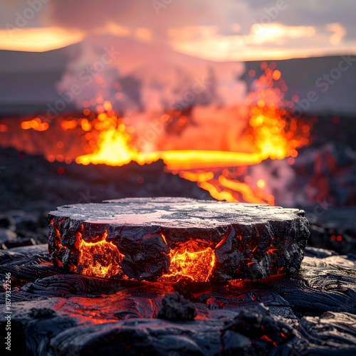 A glowing, stony platform amidst an erupting volcano at sunset