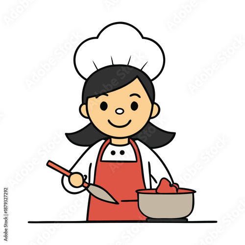 A cheerful girl stirs, chops, and tastes, delighting in creating delicious meals, her passion for cooking filling the kitchen with warmth and joy.
