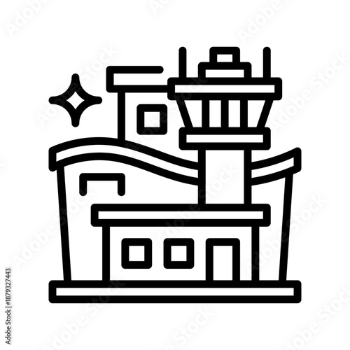 Airport Tower Line Icon, Outline Symbol for Traffic Control, Aviation Safety, Flight Management, Radar Communication, and Airport Security. Vector Sign Icon.
