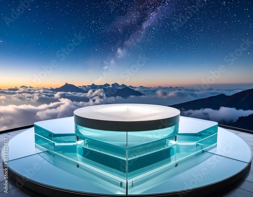 Futuristic circular stage overlooking mountainous landscape at night