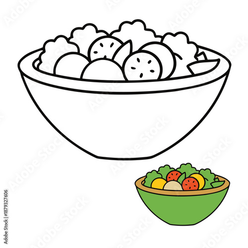 A fun coloring page of a fresh salad in a bowl, filled with crisp veggies, leafy greens, and colorful toppings, ready for creative coloring and tasty imagination.
