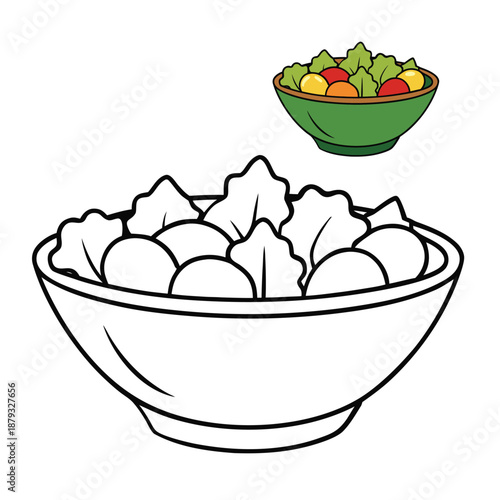 A fun coloring page of a fresh salad in a bowl, filled with crisp veggies, leafy greens, and colorful toppings, ready for creative coloring and tasty imagination.
